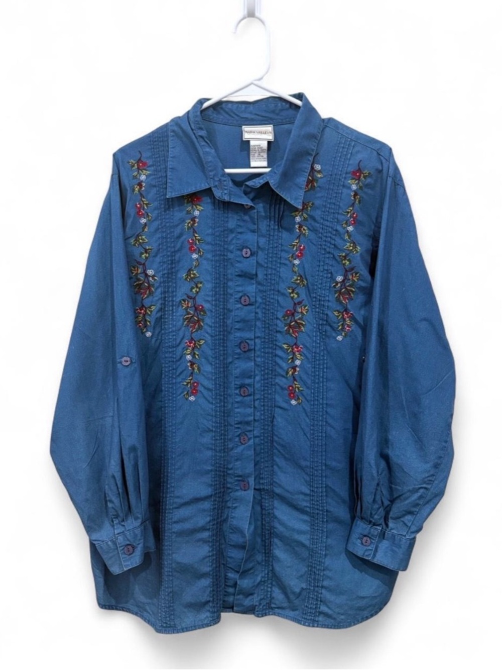 Napa Valley Embroidered Button Front Blouse Floral Pintuck Long Sleeve Top XL